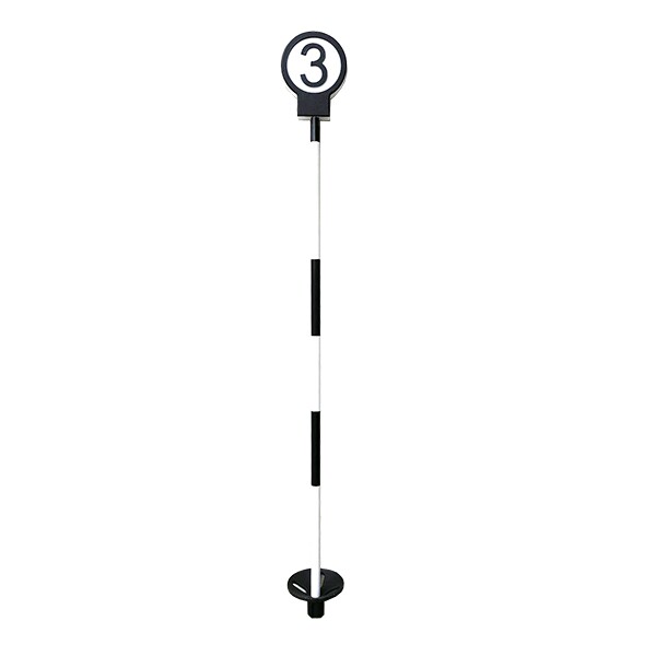 Image of numbered putting green marker pole and top in black and white