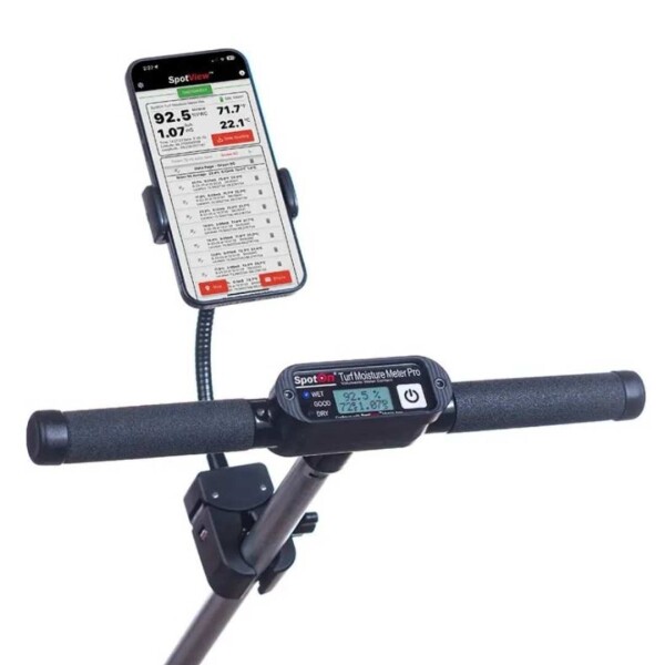 SpotOn Phone Holder for Turf Moisture Meter Pro - showing app