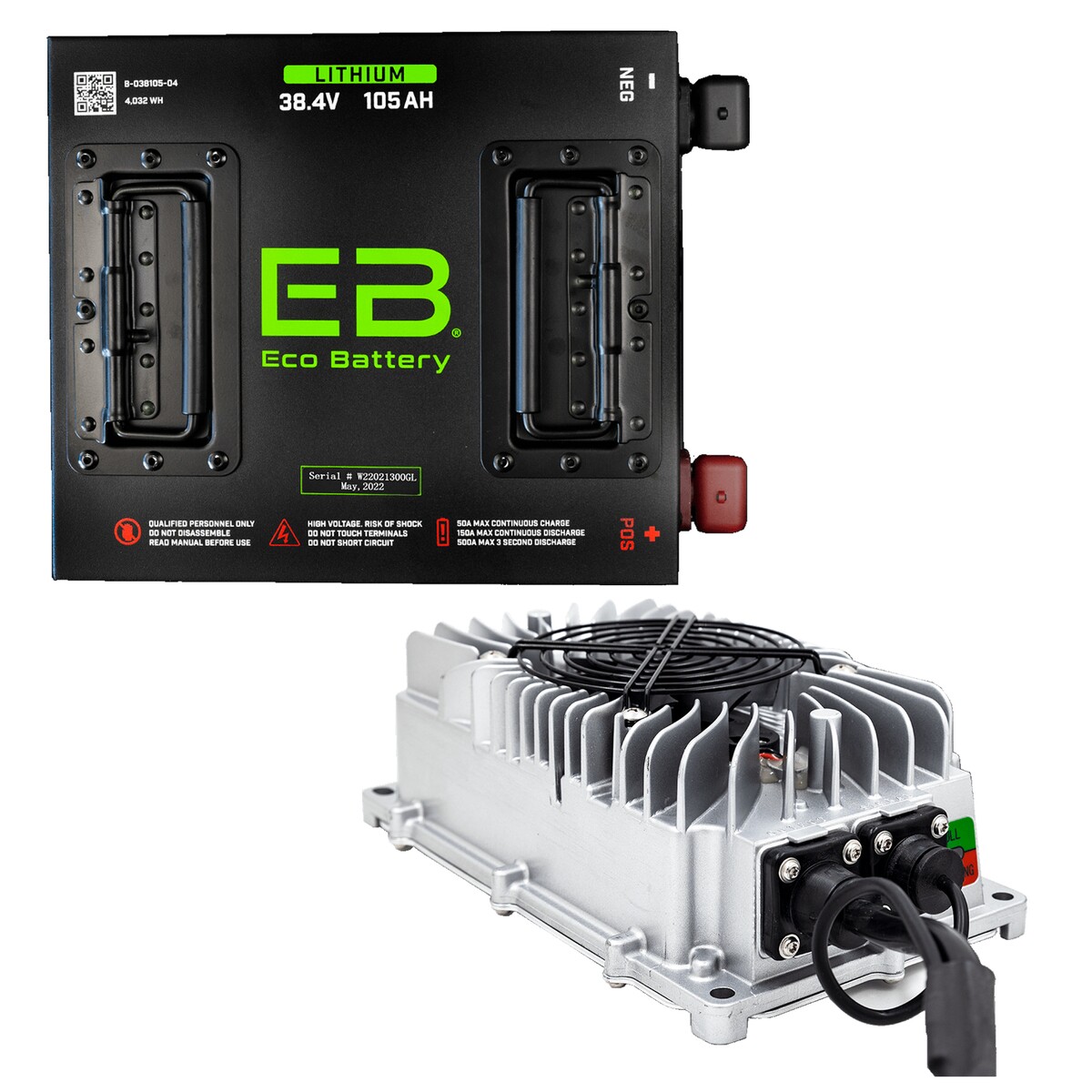 38V 105AH Eco LifePo4 Lithium Battery Bundle with 15A Charger - Cube Style Battery