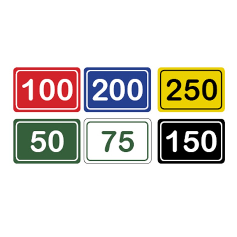 Image of horizontal range yardage markers in red, blue, yellow, green, white, and black