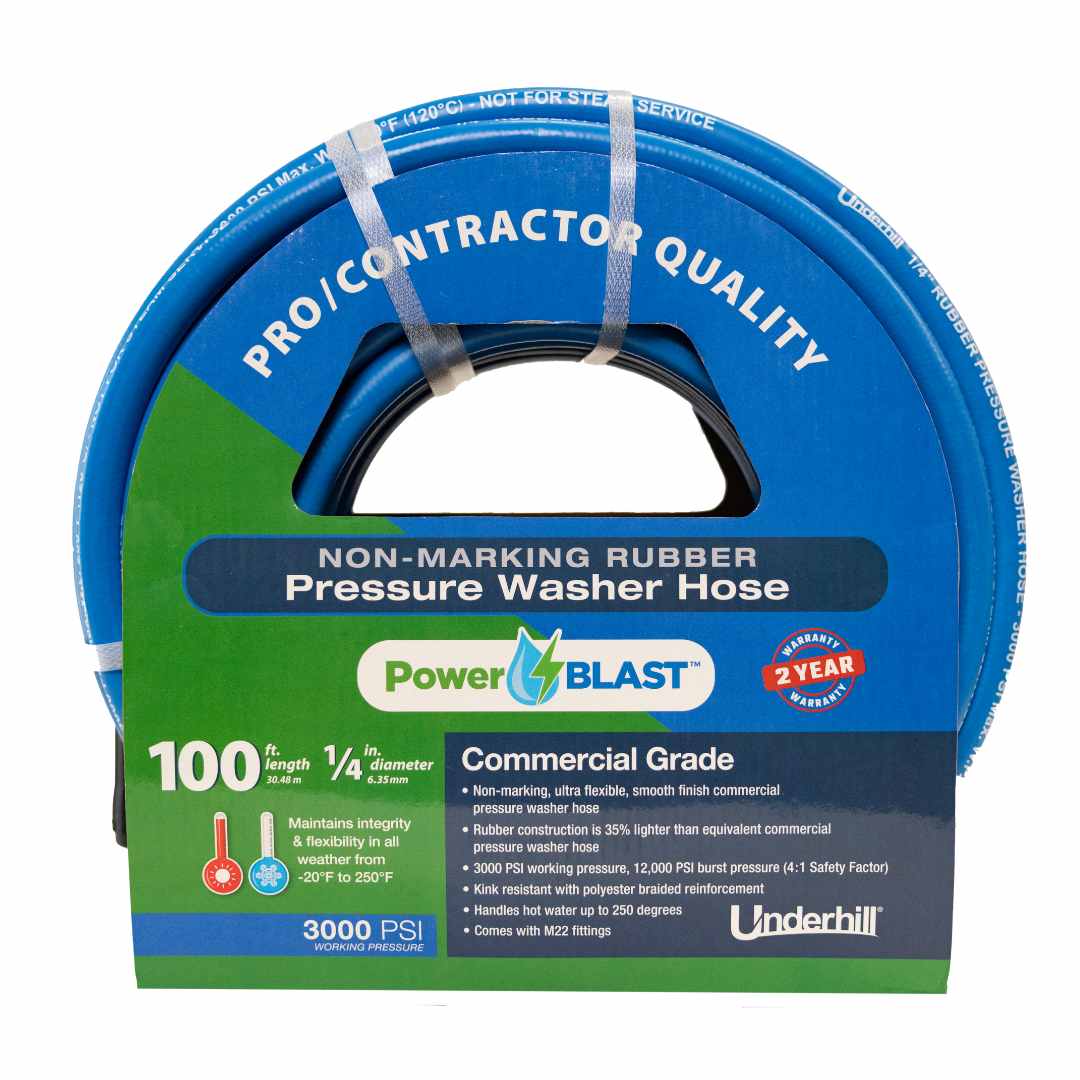 Underhill PowerBlast Pressure Washer Hose, 1_4_ x 100' with M22 Fittings, Non-Scuffing