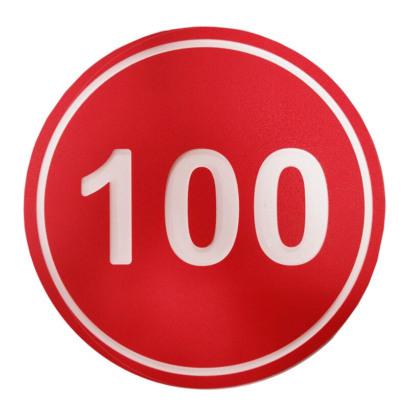 Image of Round Laminate Fairway Distance 100 Markers in red with white border and text