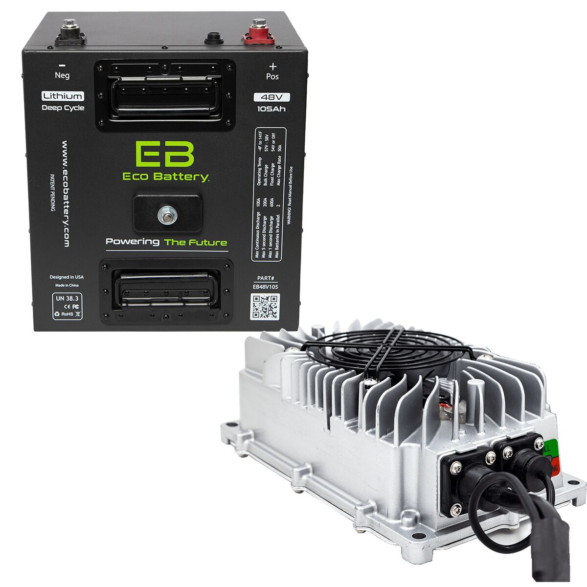 51V 105AH Eco LifePo4 Lithium Battery Bundle with 15A Charger – Thru Hole Style Battery